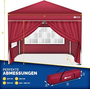 Waterproof Gazebo | Pop-Up Folding Gazebo, Adjustable Height | Garden Tent UV Protection 50+ | Party Tent with Bag for Garden (3x3m - with 4 Side Walls, Red)