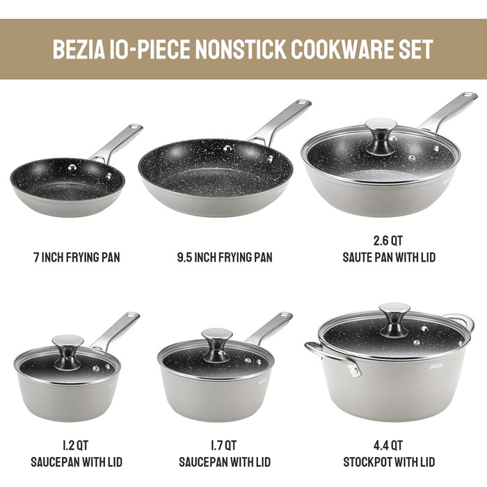 Набір каструль та сковорідок BEZIA, 10 шт., з антипригарним покриттям, сумісний з усіма плитами, сірий