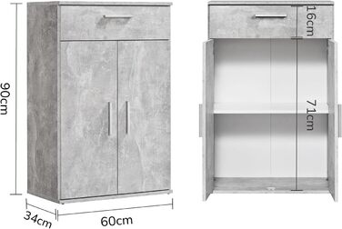Multipurpose cabinet 60cm wide with drawers 'The Practical', small office cabinet or filing cabinet, also suitable as a shoe cabinet or storage cabinet in 60x90x34 cm (W/H/D) in White (Height 90CM, Concrete Look -92)