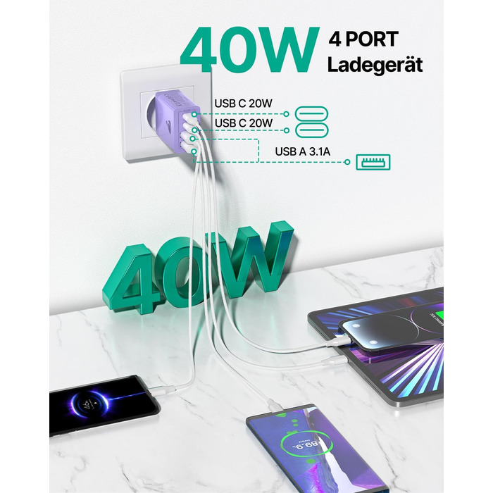 Зарядний пристрій USB-C 40W, 4 порти, швидка зарядка PD 3.0 для iPhone 14 Pro Max, iPad, Samsung та інших смартфонів, фіолетовий