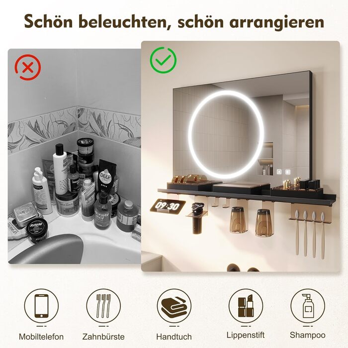 Дзеркало для ванної кімнати SONNI з підсвічуванням 120x60 см, 3 кольори світла, антизапар, годинник, температура, LED, сенсорне управління, білий