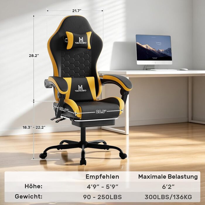 Ігрове крісло Racing Ergonomic з підставкою для ніг та масажним подушкою під поперек, навантаження до 150 кг, екошкіра, офісне крісло (Чорно-жовте)