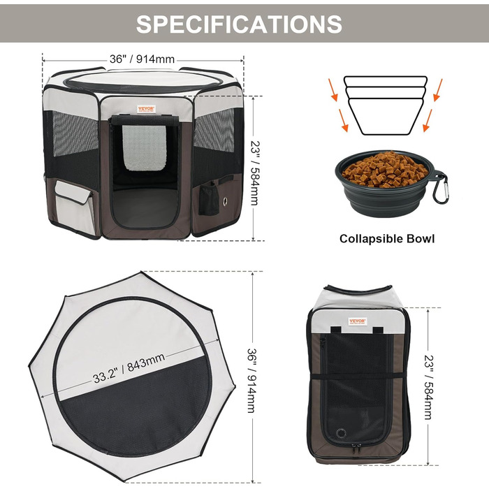 Вольєр для цуценят VEVOR, складаний, 914 x 914 x 584 мм, з мискою, 600D Oxford, для собак та інших дрібних тварин, чорний