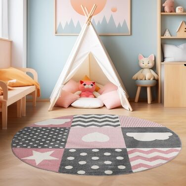 Дитячий килим круглий Elefant Design, короткий ворс, для дівчаток та хлопчиків, антиалергенний, м'який, синьо-сірий, 120 см. Килим в дитячу кімнату