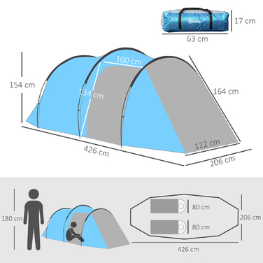 Outsunny Tunnel Tent for 2-3 People 190T Camping Tent with Stakes, Fiberglass & Polyester, Light Blue, 426x206x154cm | Aosom