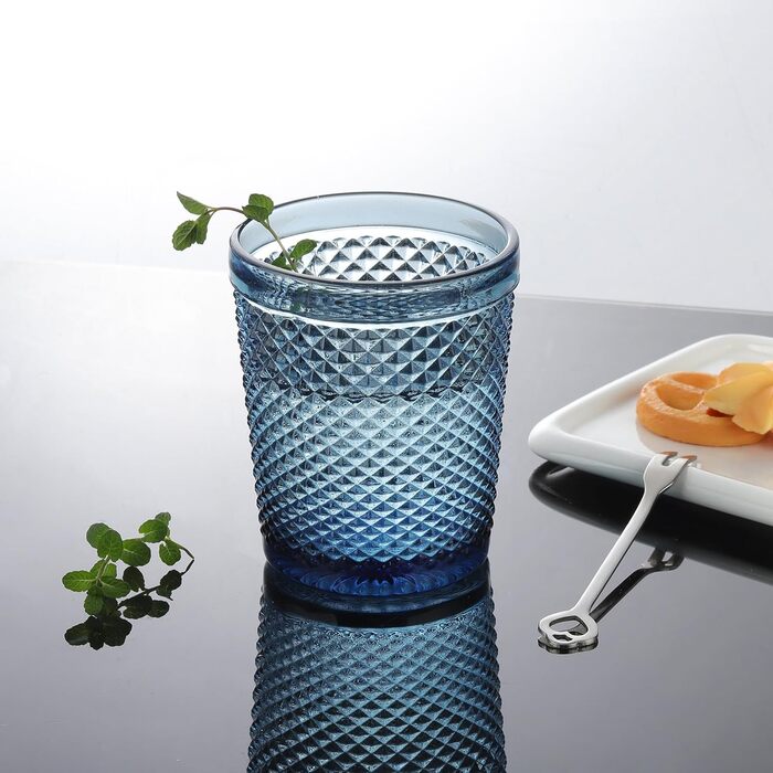 Joeyan 300ml Blue Drinking Glasses Set of 6, Colorful Water Glasses Set with Diamond Relief, Vintage Glasses Set for Home Restaurant Bar, Dishwasher Safe