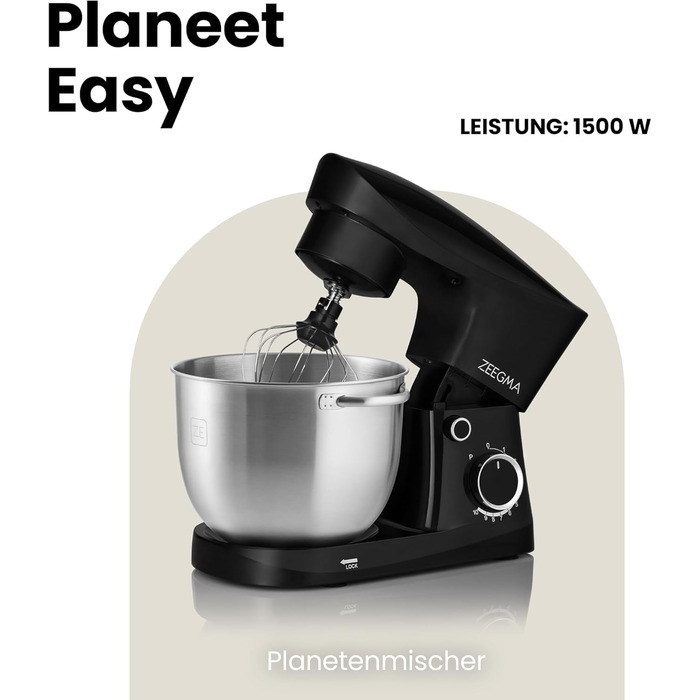 Кухонний комбайн ZEEGMA PLANEET EASY 1500W, 5.2 л, 10 швидкостей, з набором насадок (міксер, гачок, вінчик), чорний