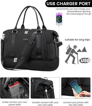 Спортивна сумка LOVEVOOK для подорожей: жіноча дорожня сумка-мішок, weekender, з органайзером, відділенням для взуття та мокрих речей, водонепроникна, 42L, чорна