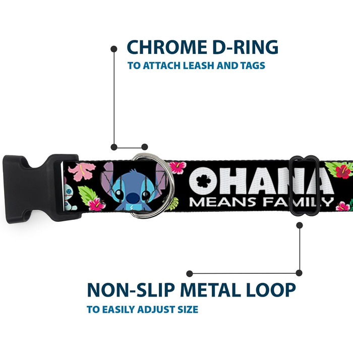 Нашийник Buckle-Down з пластиковим кліпом - Ohana Means Family/Stitch & Scrump Poses/Тропічні квіти. Чорний/Білий/Багато кольорів. Ширина 2.5 см. Підходить для шиї 38-66 см. Великий