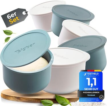 Pizza Ball Box with Lid, Set of 4 - Space-saving dough box made of non-stick silicone - Holds up to 350g of pizza dough - Proofing box, pizza accessories, pizza box - Black/Gray - Ø13cm (6-piece blue+white)