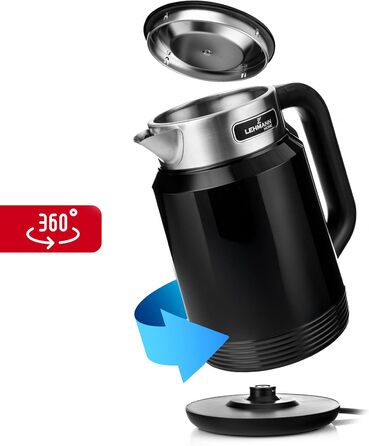 Електричний чайник LEHMANN з нержавіючої сталі 2L, 2200W, швидке нагрівання, подвійні стінки, автовимкнення та захист від перегріву, BPA-free, для великих сімей та офісів, чорний