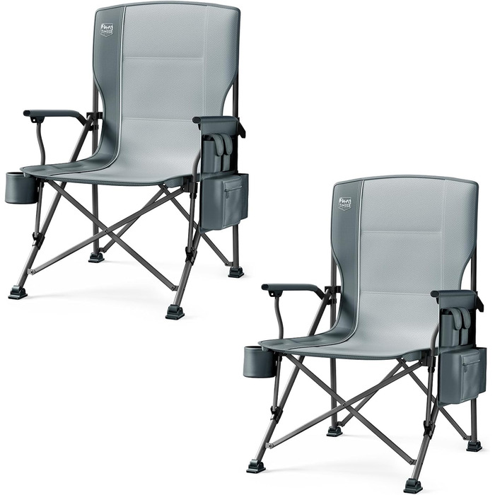 Крісло для кемпінгу Timber Ridge XXL, 230кг, широке сидіння 62см, з високою спинкою, підстаканником та міцними підлокітниками для кемпінгу, пікніка, саду та балкону (Сірий, 2 шт)
