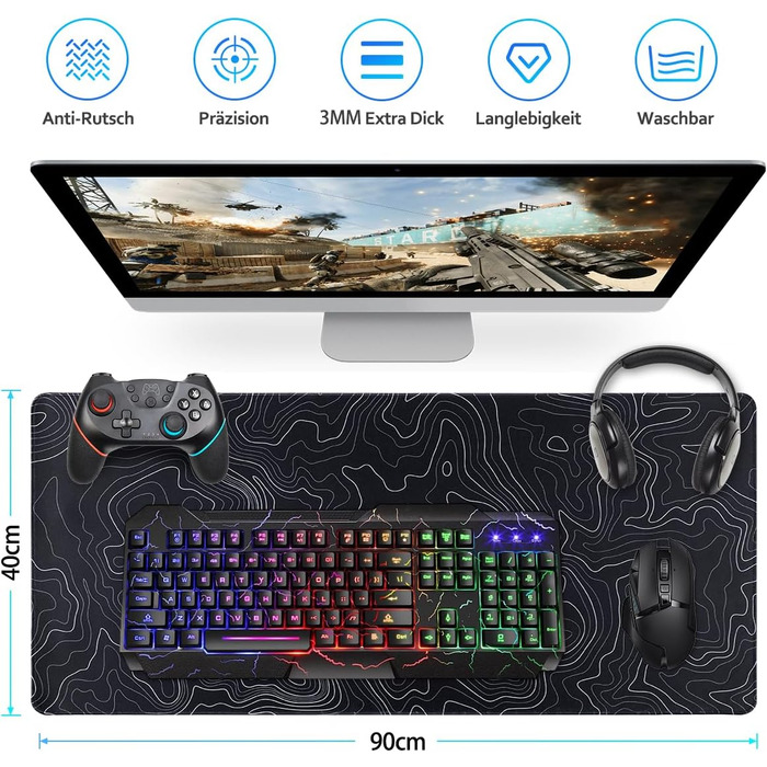 Ігровий килимок для миші Zindoo Gaming XXL 900x400 мм, топографічний візерунок Artistic Curve, чорний