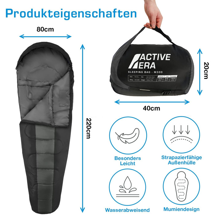 Сплячий мішок Active Era Mumienschlafsack - зимовий та літній, водонепроникний, вітрозахисний, ультралегкий, температурний режим -10°C до 10°C, компактний, для кемпінгу (чорний)