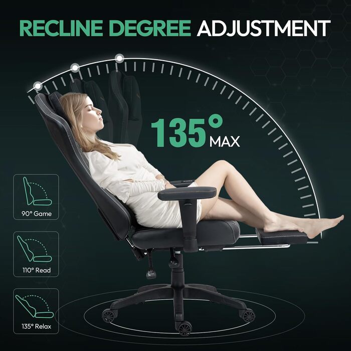 Ігровий крісло Dowinx з масажем та підігрівом, дихаюча спинка, регульоване, з підніжкою, підтримка спини та шиї (Чорно-зелений)