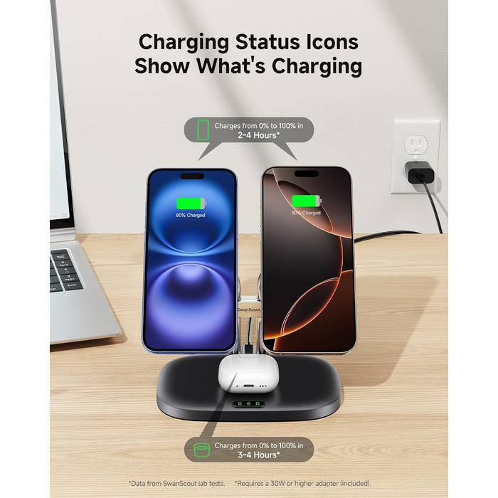 Бездротова зарядка SwanScout для iPhone 17/Air, AirPods Pro 3/2, 2 телефони, чорний
