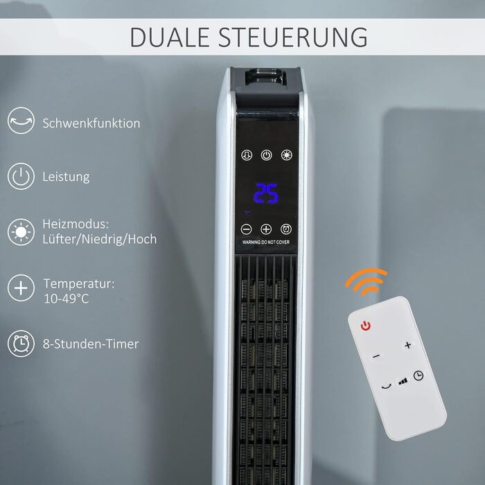 Електричний обігрівач HOMCOM 2200W – керамічний нагрівальний тумба з пультом, таймером та осциляцією, білий+чорний, 21 x 21 x 73 см