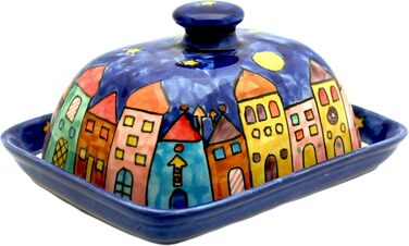 Butter dish with lid, designed by Gall&Zick, handcrafted from ceramic, for a standard 250g block of butter, colorfully hand-painted, dishwasher-safe (New Village)