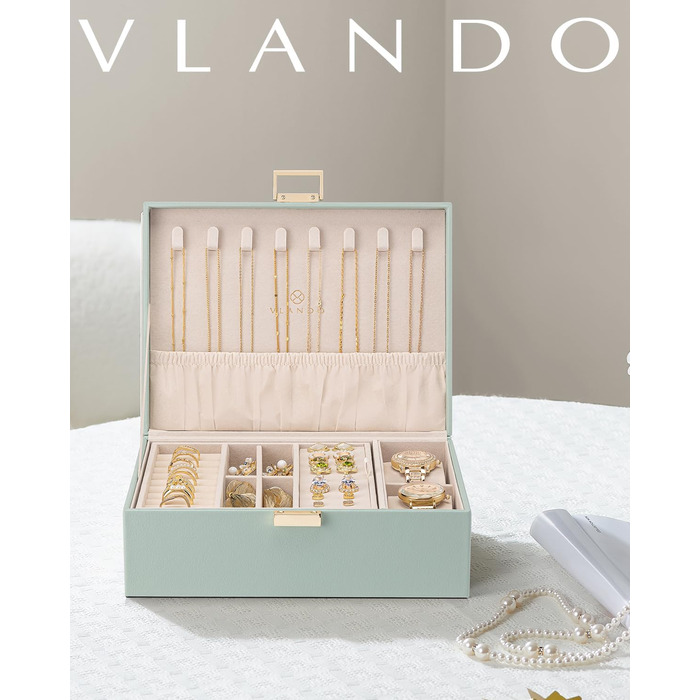 Шкатулка для прикрас Vlando, зелена, з відділеннями для годинників, персні, сережки, намиста