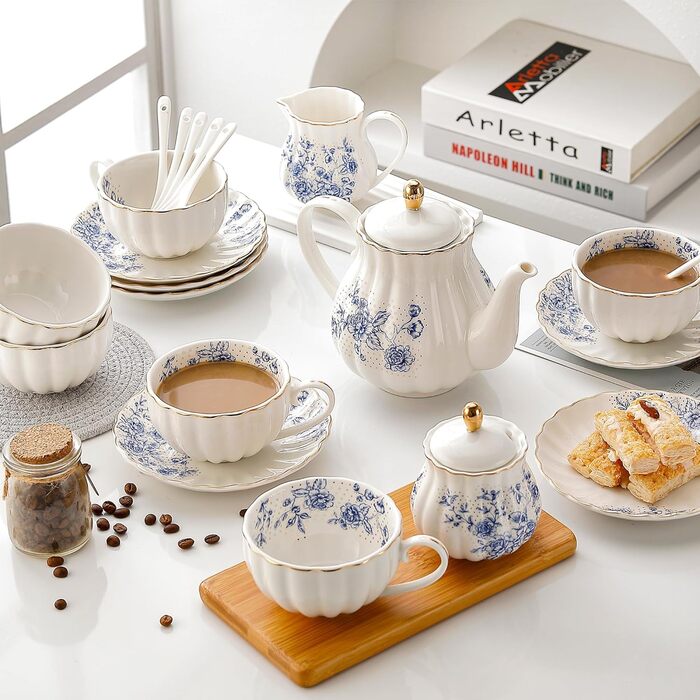 Porcelain Teaservice, Gold Tea Set for Party, Wedding (Blue)