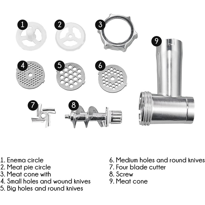М'ясорубка електрична Edihome з насадкою для ковбас, багатофункціональна, 3 диски для подрібнення (чорно-біла)