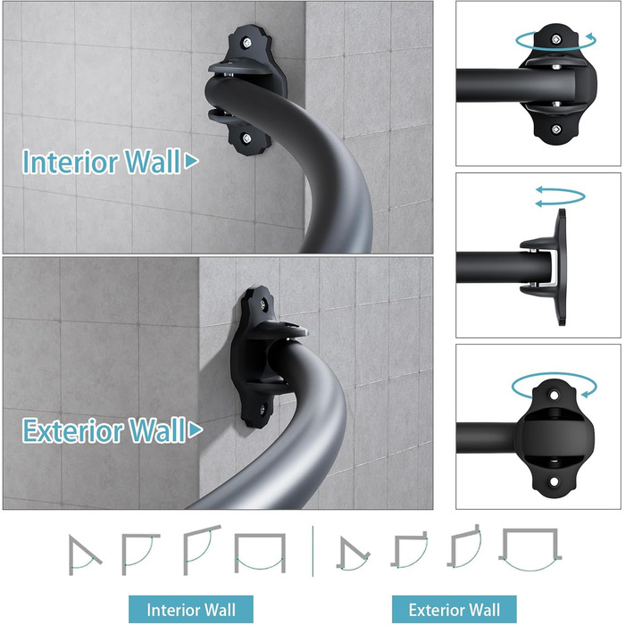 Вигнута регульована штанга для душової завіси, 101,6–182,9 см, нержавіюча сталь, розширювана, алюміній, кругла, міцна, для ванної/душу, чорна, монтаж з свердлінням, 40-72 дюйми, чорний