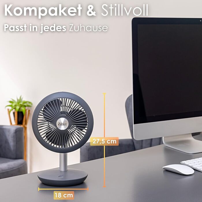 Безшумний настільний вентилятор Zilan | Акумулятор 4000 mAh | Регульований кут 90° | 4 швидкості | 15 годин роботи без дроту | Allegra Anthrazit