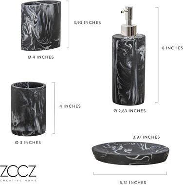 Набір для ванної кімнати ZCCZ: 4 предмети (тримач для зубних щіток, дозатор мила, мильниця, стакан для зубних щіток) – чорний мармур, елегантне зберігання косметики