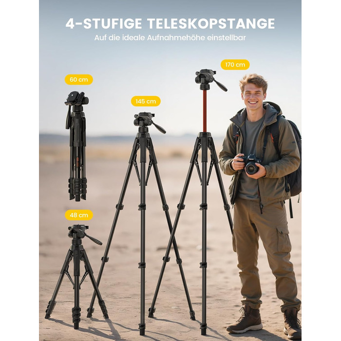Штатив для камери та смартфона Lamicall Tripod: посилений трипод з швидким відкриттям, вантажопідйомність 8 кг, висота до 170 см, 4 рівні регулювання, помаранчевий