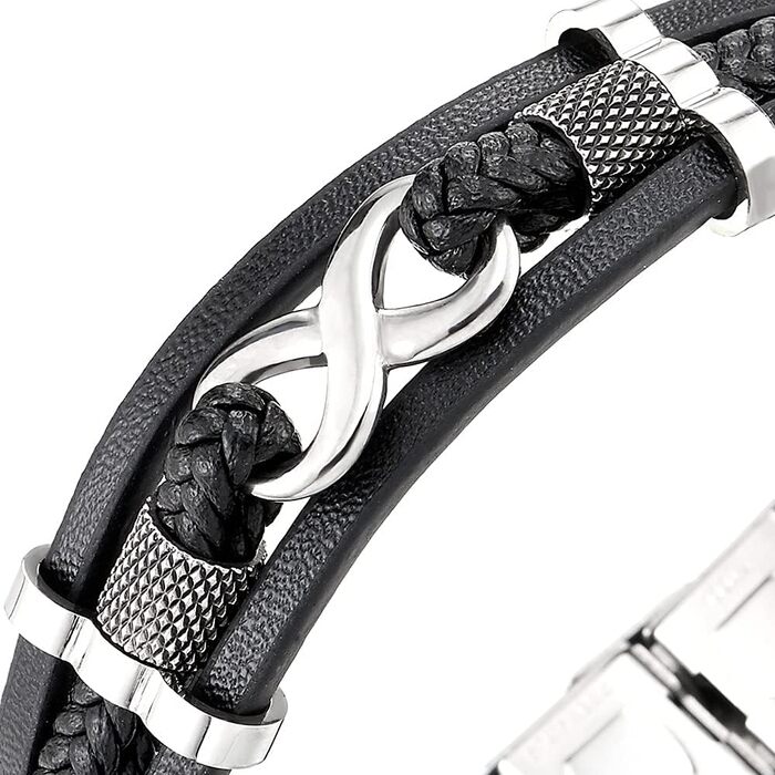 Браслет шкіряний Coolsteel&Beyond Infinity, плетінка з нержавіючої сталі, срібний/чорний
