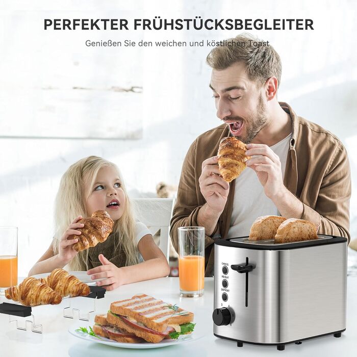 KitchenBoss 2-Slice Toaster: Toaster with bun rack and crumb tray, 6 browning levels, stainless steel toaster with automatic shut-off, defrost function, and reheat function, 870W