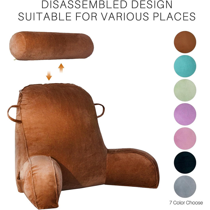 Лежанка для читання з велюру для дорослих, подушка для спини та рук для ліжка, з кишенею та знімним чохлом (колір: кавовий)
