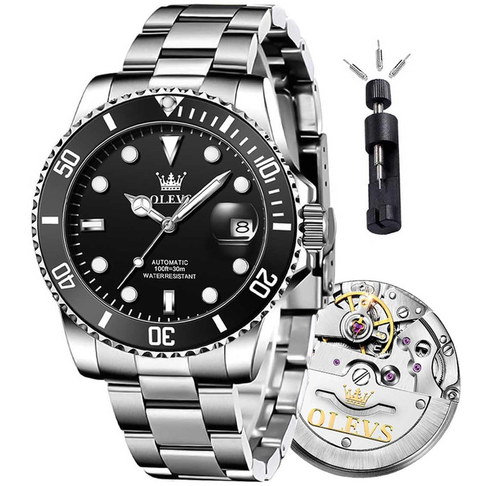 Чоловічий механічний годинник OLEVS зі скелетоном, автоматичний водонепроникний наручний годинник, сріблясто-чорний