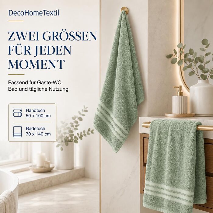 Набір рушників для рук DecoHomeTextil Eco (6 шт), 50x100 см, шавліковий зелений — екологічні, м'які та гігроскопічні махровий рушники