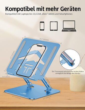 Підставка для ноутбука Ergonomic Aluminium, регульована по висоті та складна, стабільна та неслизька, покращена вентиляція, сумісна з MacBook (до 15,6 дюймів) (Темно-синій)