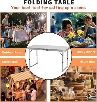 Складний алюмінієвий стіл для пікніка, кемпінгу, саду та вечірок 120x60x70 см, регульована висота