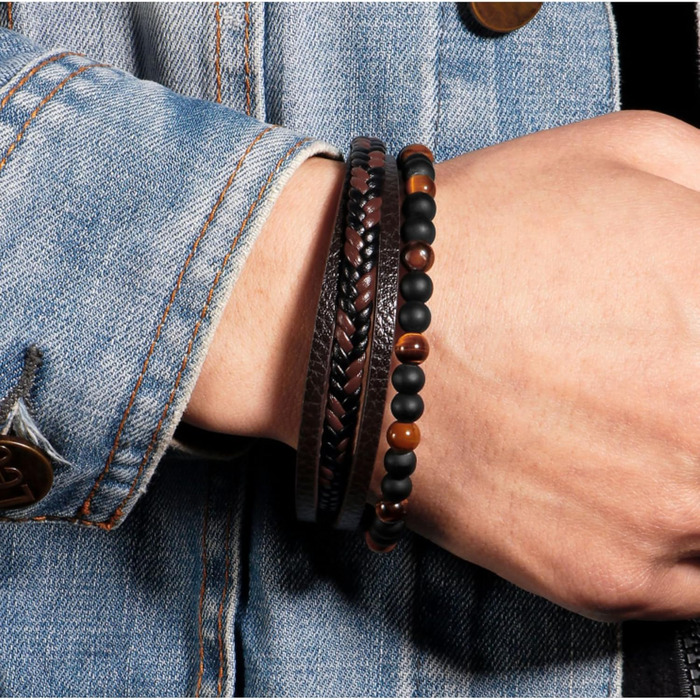 Чоловічий браслет з натуральної шкіри, плетіння ручної роботи. Браслет для чоловіків зі сталевою застібкою, шкіряний браслет з телячої шкіри, широкий браслет з магнітною застібкою, браслет з тигровим оком (21 см)