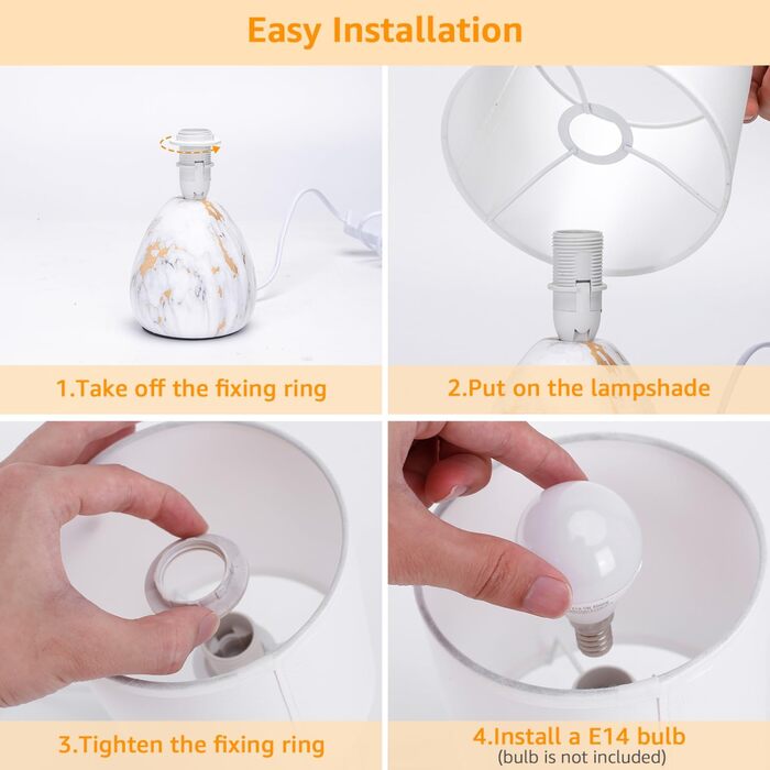 Настільна лампа Aigostar з кераміки, вінтажна модель з тканинним абажуром, патрон E14, макс. 40W, сучасна лампа для нічного столика, нічник для спальні, вітальні, офісу (без лампочки) - H235mm (білий золотий - H25.5cm)