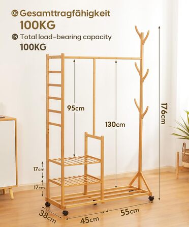 Yorbay Bamboo Clothes Rack with Wheels, with Clothes Rail, 3 Shelves and 6 Hooks, Tree Shape, 100 x 38 x 176 cm (Natural)