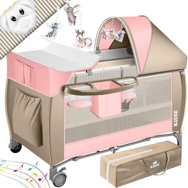 KIDIZ® 3-in-1 Baby Cot Travel Bed Combo Set Baby Bed with Changing Pad, Mosquito Net, Playard, from Birth up to 15 kg, Airy Side Walls with Side Entrance, Carry Bag, Foldable, Pink/Beige Pink / Beige