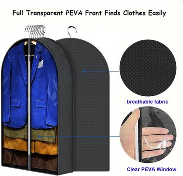 Чохли для одягу, дихаючі, 100 см (4 шт.) для костюмів, захисні мішки для зберігання з 10 см прорізом, прозоре вікно, пилонепроникні, мішки для одягу, захист для костюма, пальто