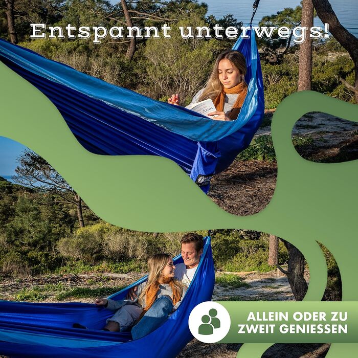 Гамак NaturBummler вуличний 300x170 см для 1-2 осіб (Meeresblau) з захистом дерева та кріпленням - легкий, водостійкий, подвійний шар для кемпінгу та саду