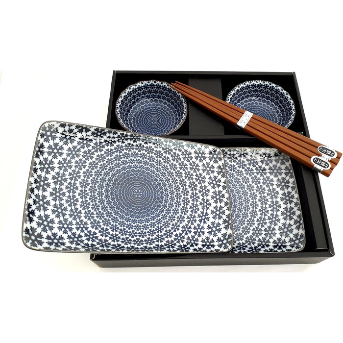 Набір для суші YUKI Original – японський набір для суші білого та блакитного кольорів з порцеляни (2 тарілки, 2 маленькі мисочки, 2 пари паличок) у подарунковій коробці