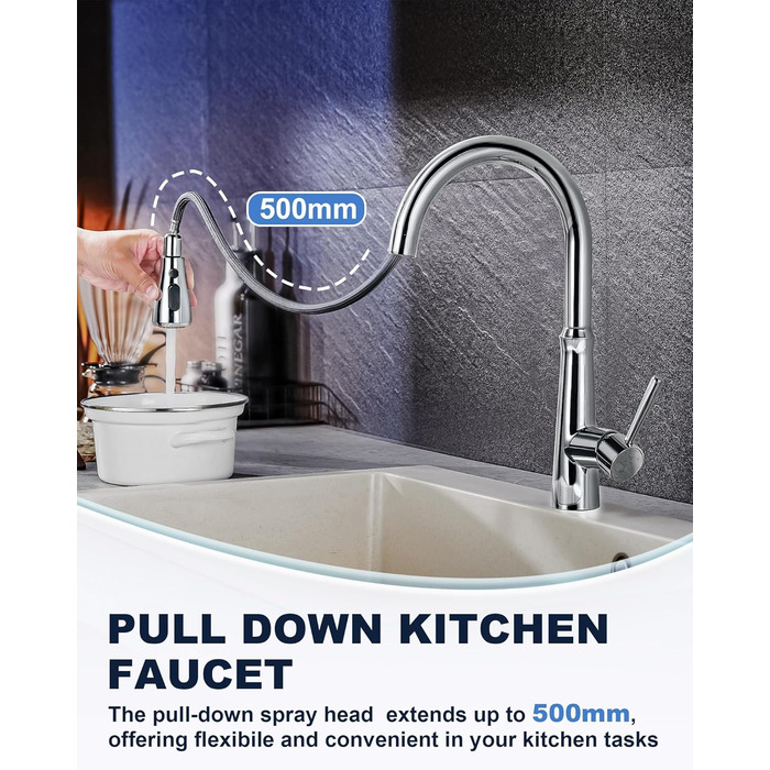 Змішувач кухонний iVIGA висувний з дощувачем, водоспад, 360° поворот, 3 режими, брашований нікель