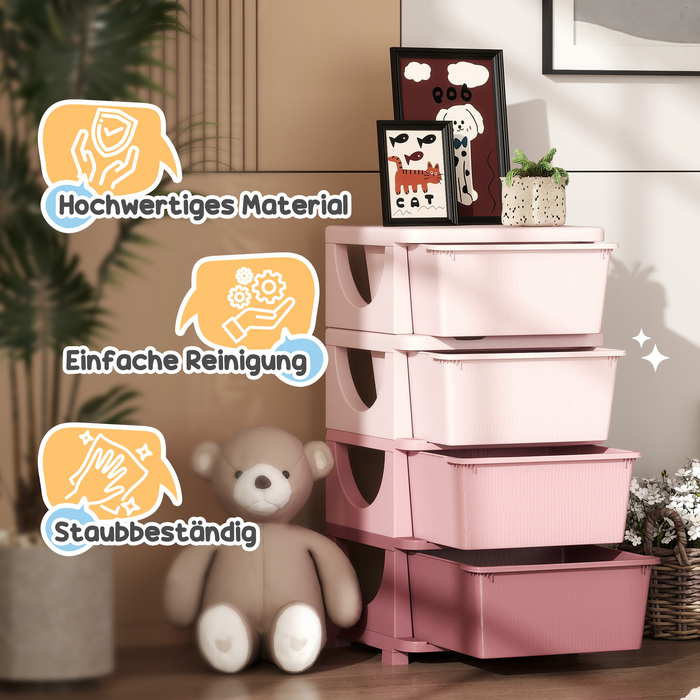 HOMCOM Chest of Drawers for Kids' Room, 4-Tier Toy Organizer, Toy Storage, Pink