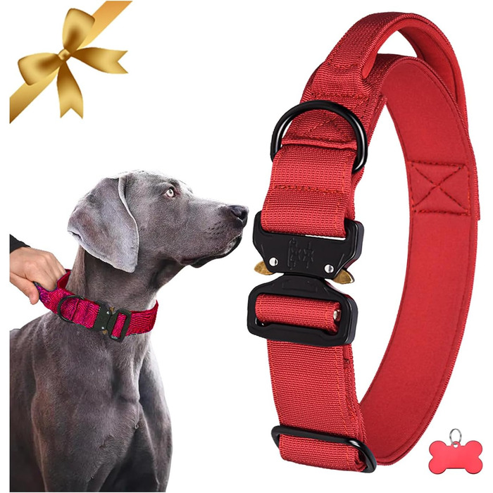 Тактичне нашийник для собак з ручкою, великий, зелений. Міцний, регульований, з металевою застібкою. Нашийник з нейлону з неопреновою підкладкою. XL, червоний