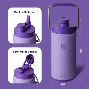 BOTTLE BOTTLE Insulated Stainless Steel Water Bottle 64oz (1.8L) with Straw, Lid, Handle & Pill Compartment – BPA-free, Leak-proof, Ideal Drinking Bottle for Sports, Fitness, Hiking & Outings (Violet)