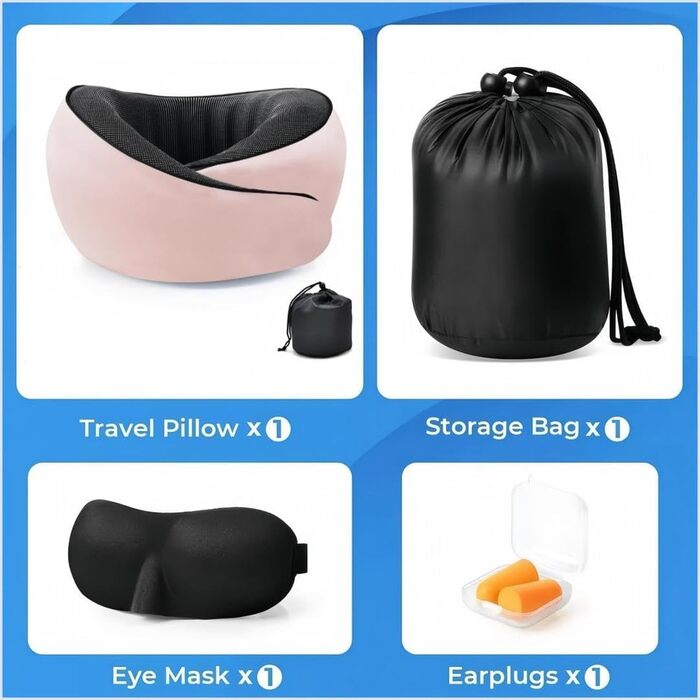 Подушка для шиї Rose - ергономічна, з піною з пам'яті, для подорожей, з маскою для очей та навушниками, рожева