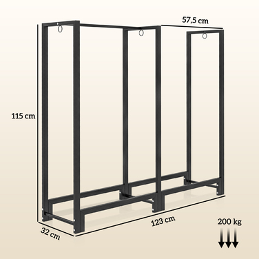 Стильна полиця для дров Outsunny (Aosom) – 123 x 32 x 115 см. Міцна сталева конструкція, що складається з двох секцій, має три гачки та витримує до 200 кг. Ідеально підходить для використання як на відкритому повітрі, так і в приміщенні.