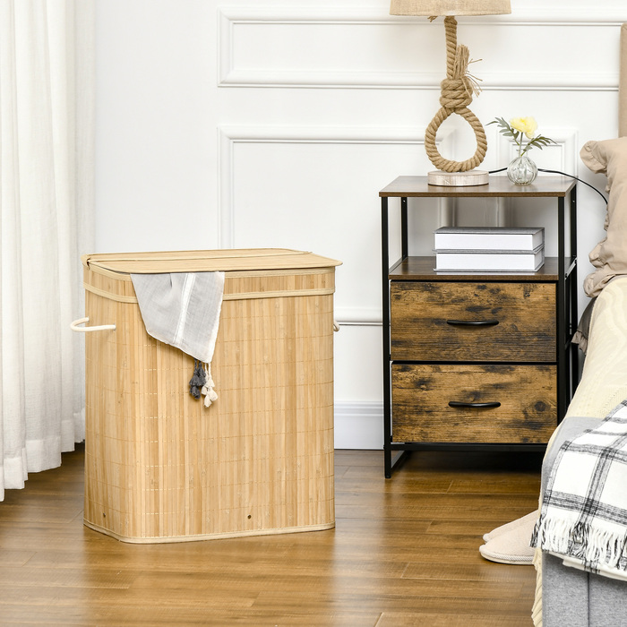 Корзина для білизни HOMCOM з бамбука з кришкою та ручками, об’єм 90 літрів з 2 відділеннями та знімним тканинним мішком - 54,2 x 35,2 x 59,5 см | Aosom